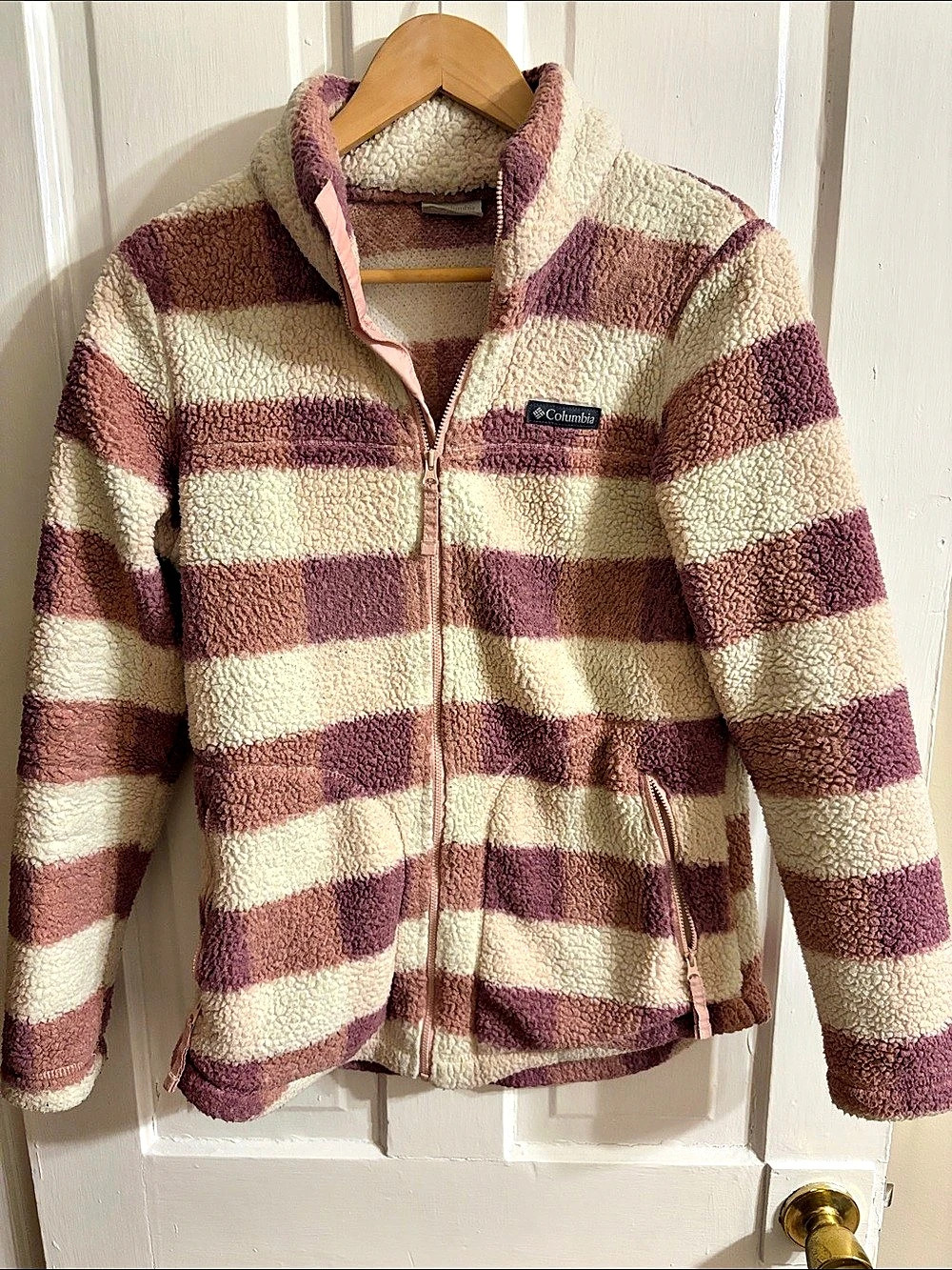 Columbia Plaid Fleece Jacket in Pink & Cream Size Small
